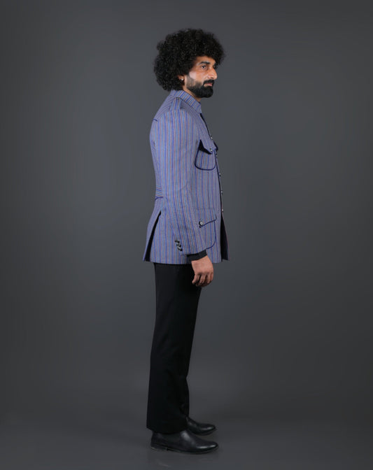 Blue Striped Wool Blend Hunting Coat