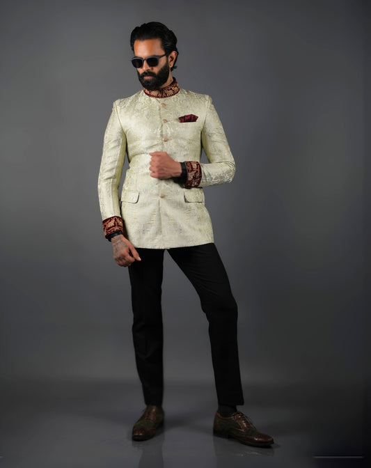 Ivory Silk Bandhgala with Embroidery