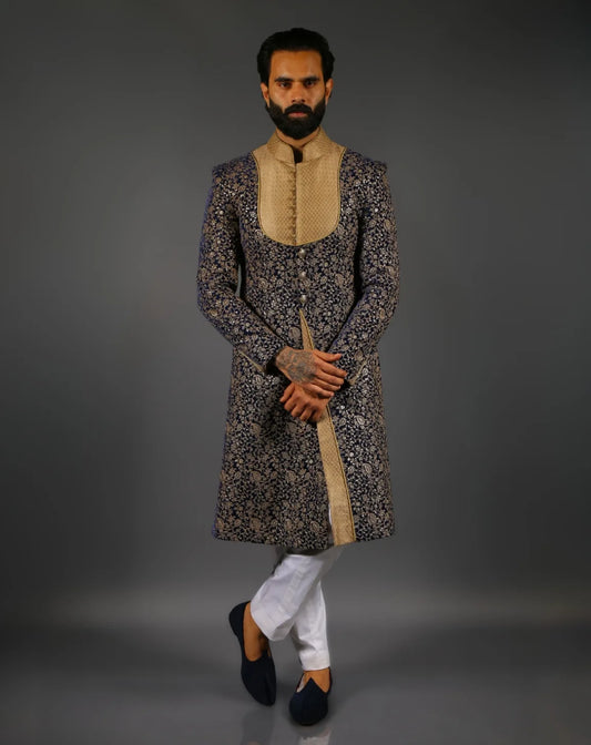 Navy Blue Gold Embroidered Sherwani