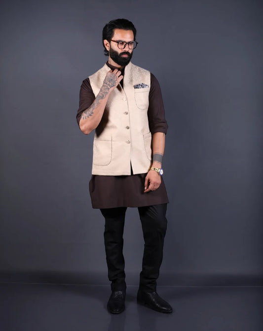 Beige Jacquard Nehru jacket for men with pockets