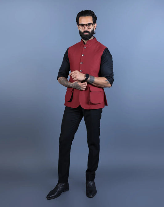 Men’s maroon Nehru jacket with pockets