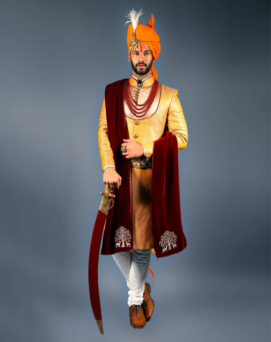Orange Brocade Sherwani with Gold Detail