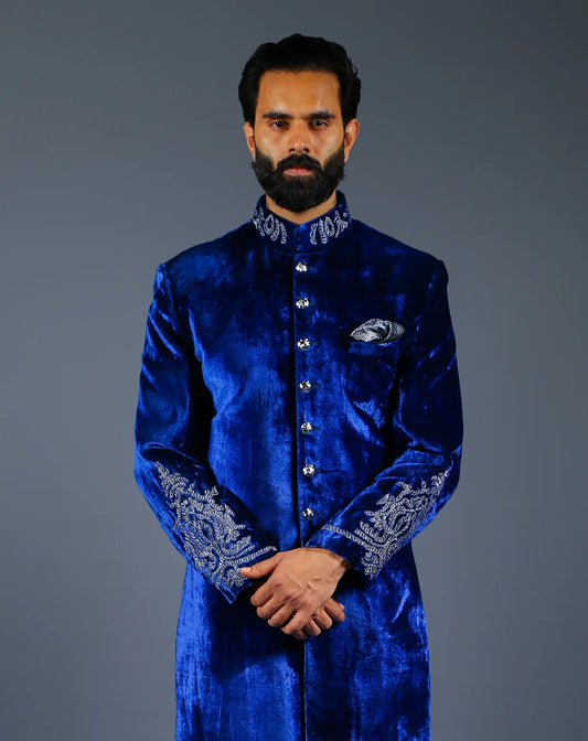 Royal Blue Velvet Embroidered Sherwani