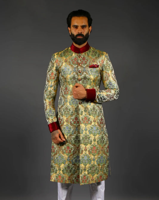 Regal Mint Green Banarasi Silk Floral Sherwani