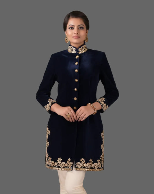 Navy Blue Embroidered Velvet Sherwani