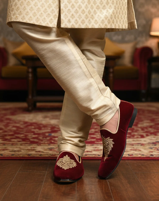 Maroon Velvet Gold Embroidered Mojari