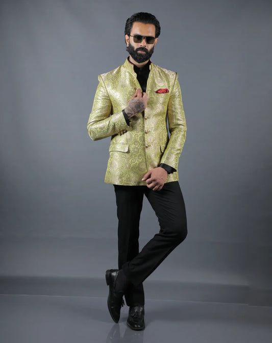 Lime Green Brocade Bandhgala Set
