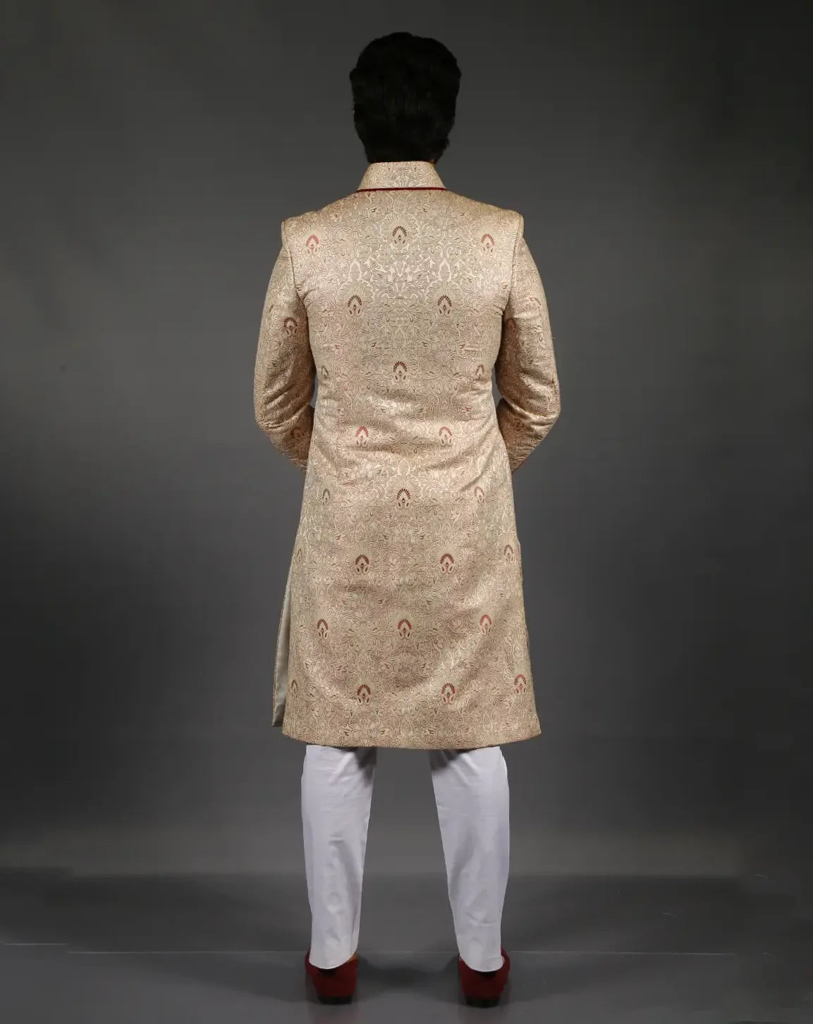 Cream & Maroon Brocade Sherwani Set