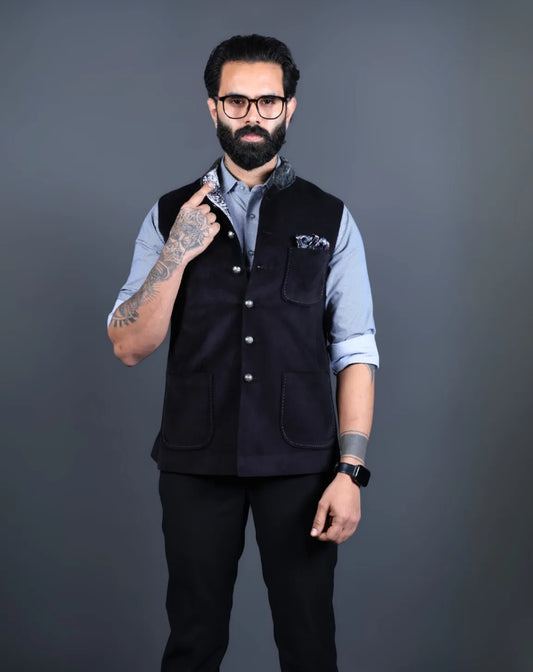 Men’s black Nehru jacket button closeup