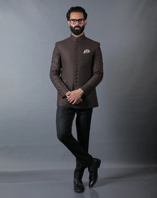 Dark Brown Terry wool Bandhgala Set