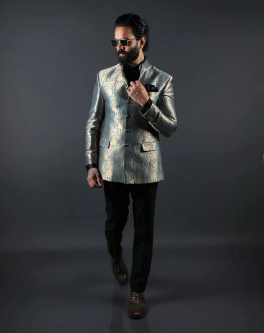 Blue & Gold Brocade Bandhgala Suit