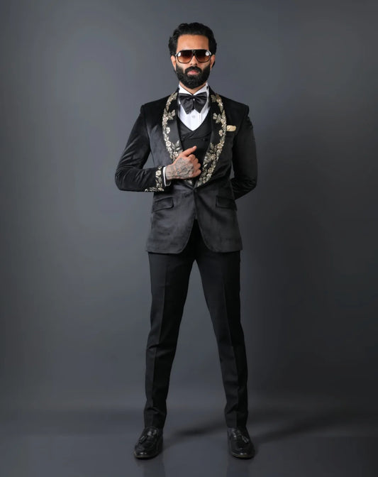 Black Velvet Embroidered Tuxedo Suit
