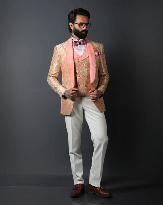 Peach Gold Brocade Tuxedo Suit