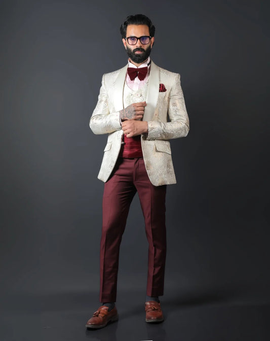 Cream Jacquard Tuxedo Suit