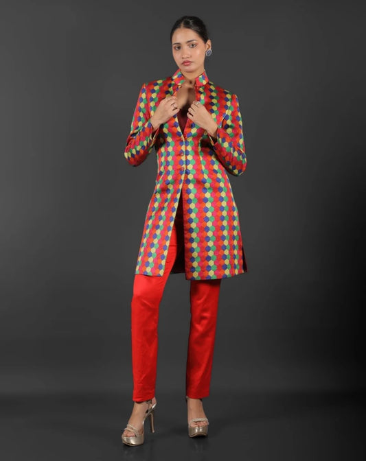 Multi-Color Geometric Print Long Jacket Set