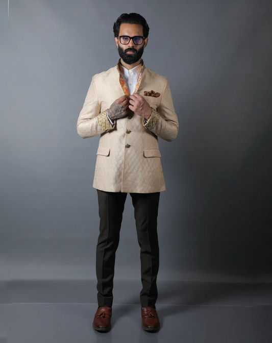 Cream Silk Embroidered Bandhgala