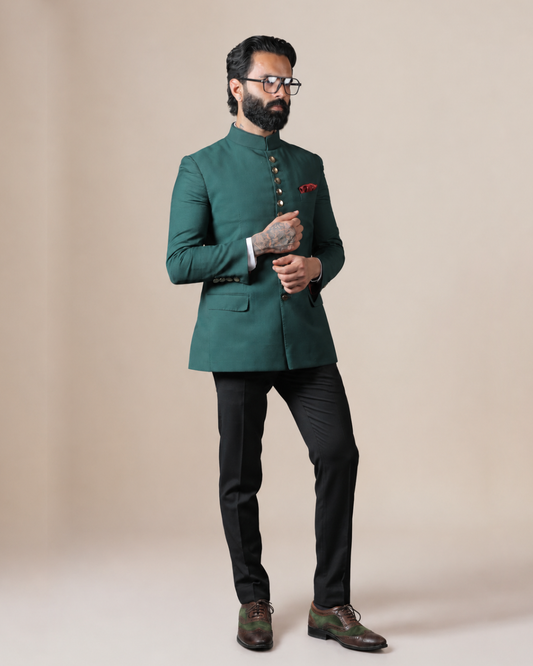 Emerald Green Terry Wool Bandhgala Set