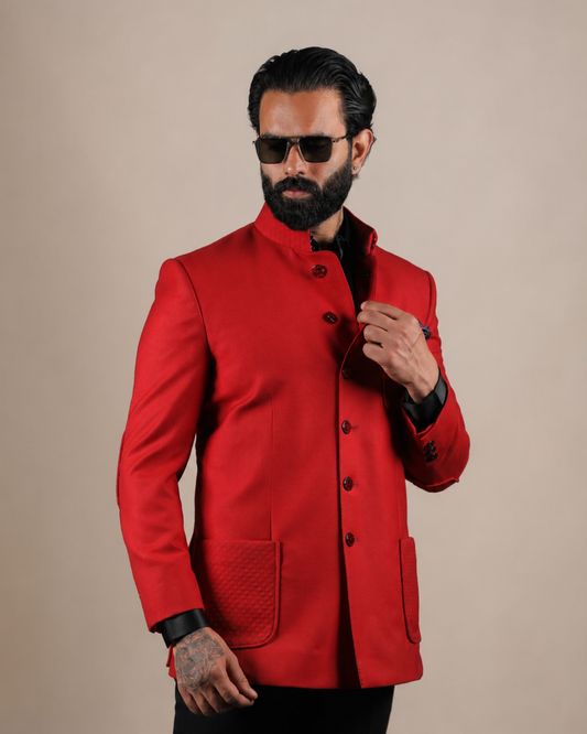 Red Bandhgala with Quilted Pockets
