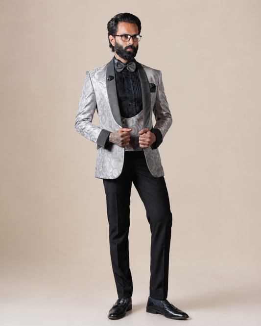 Silver Jacquard Floral Tuxedo Suit