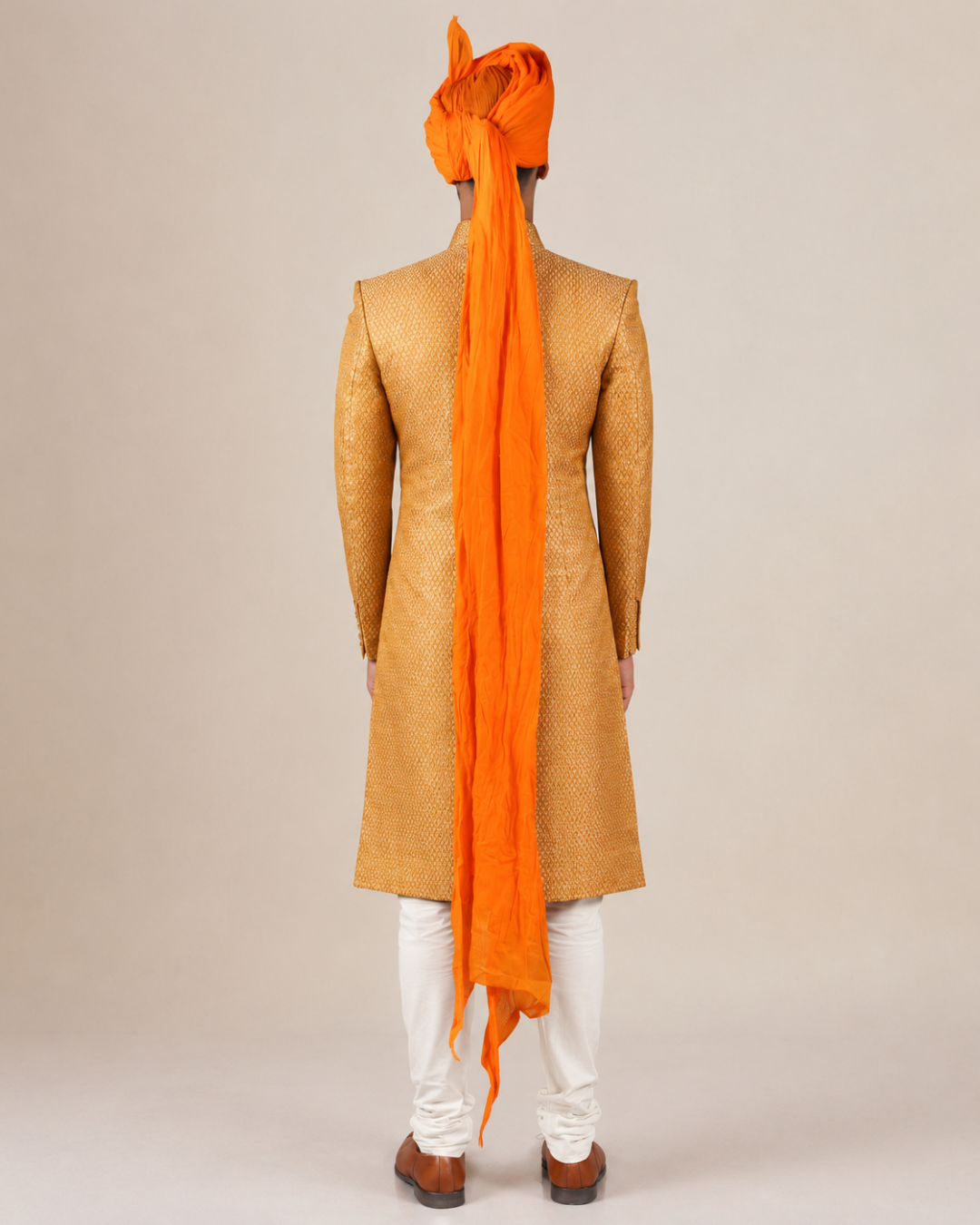 Orange Brocade Sherwani with Golden Yolk