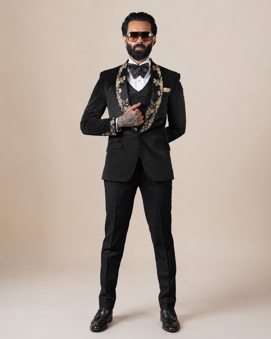 Black Velvet Embroidered Tuxedo Suit
