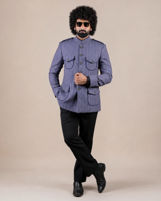 Blue Striped Wool Blend Hunting Coat