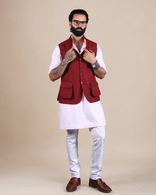 Red Quilted Cotton Nehru Jacket