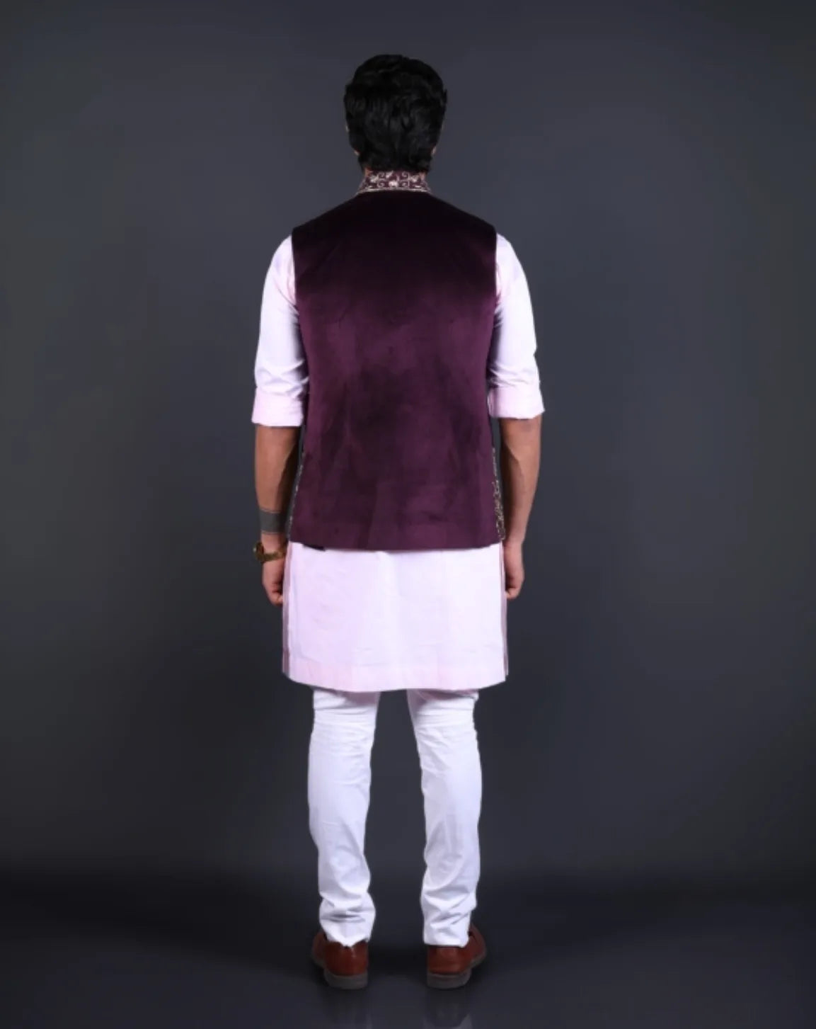 Wine Velvet Embroidered Nehru Jacket