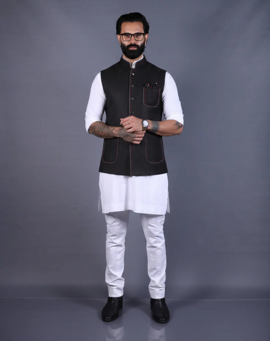 Black Nehru Jacket with Contrast Stitch