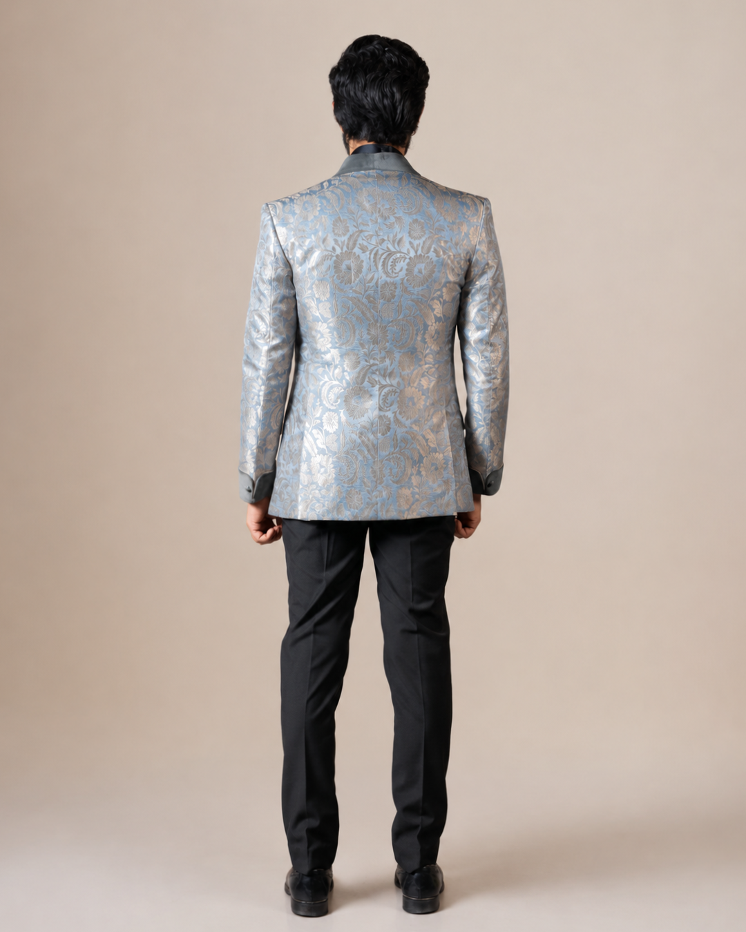 Silver Jacquard Floral Tuxedo Suit