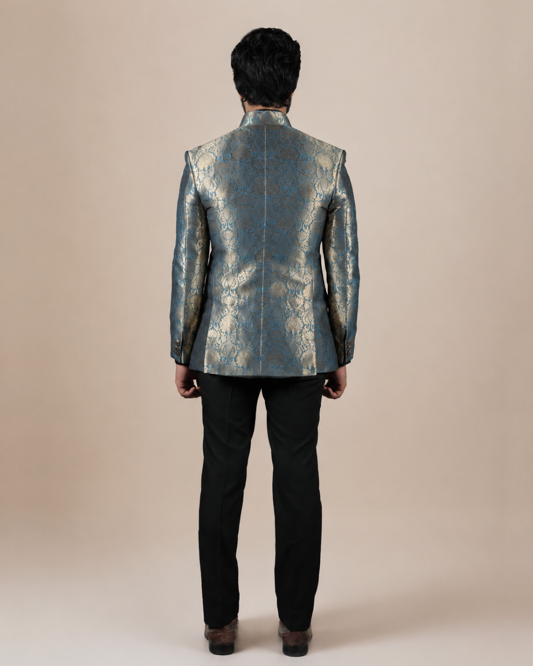 Blue & Gold Brocade Bandhgala Suit