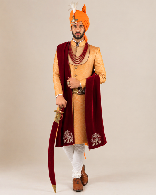 Orange Brocade Sherwani with Golden Yolk