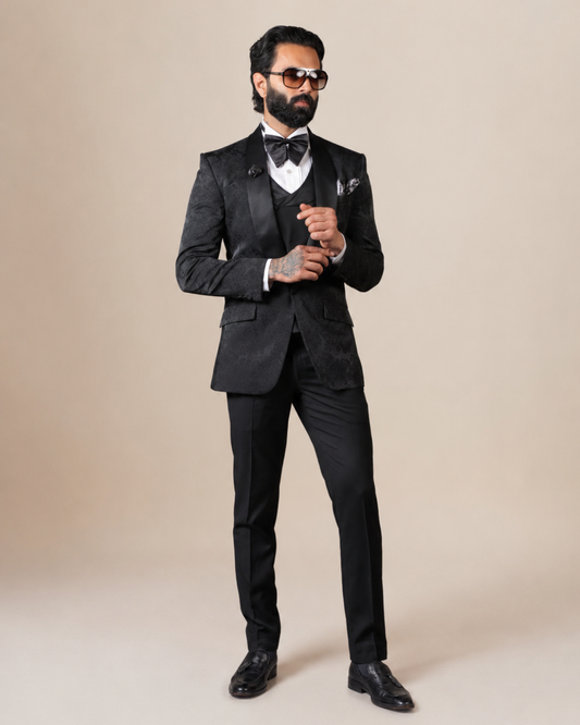 Black Floral Self Printed Suit