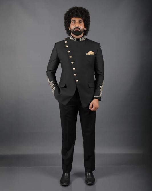 Black Embroidered Bandhgala Suit