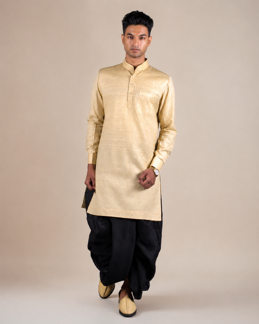 Golden Khadi Silk Kurta with Black Dhoti Set
