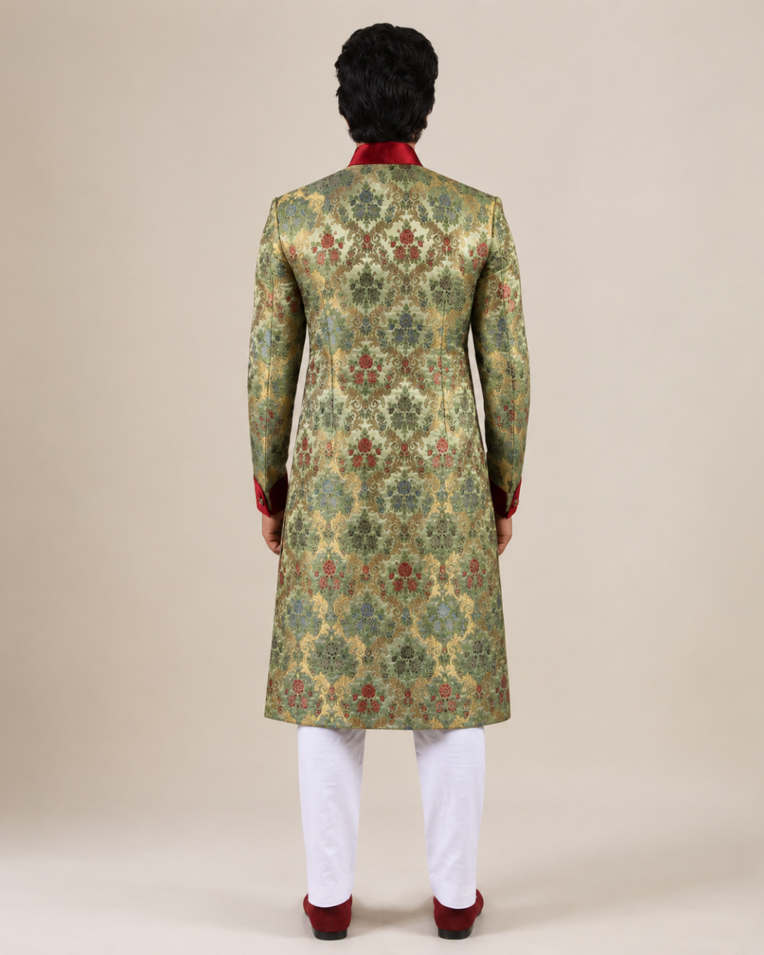 Regal Mint Green Banarasi Silk Floral Sherwani