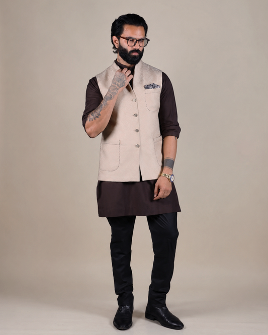 Cream Patterned Nehru Jacket