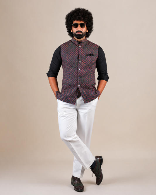 Dark Blue Floral Print Nehru Jacket