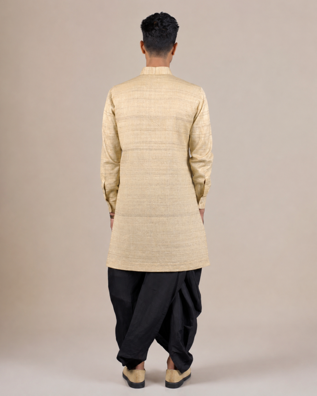 Golden Khadi Silk Kurta with Black Dhoti Set