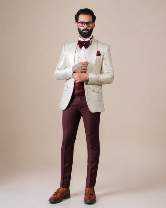 Cream Jacquard Tuxedo Suit