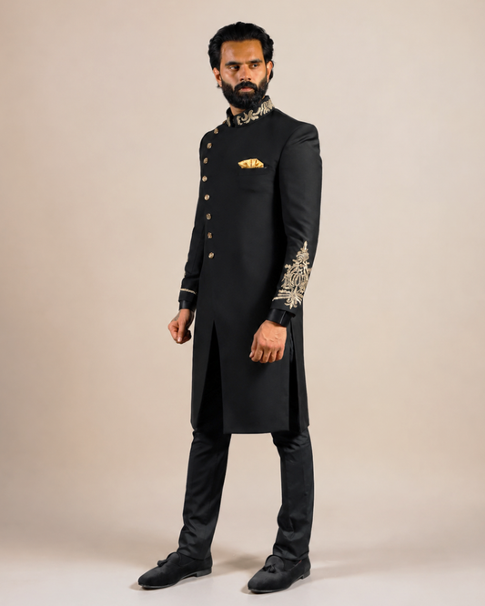 Black Asymmetric Indo-Western Sherwani