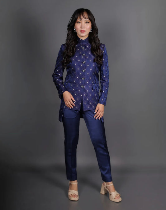 Navy Blue Silk Brocade Bandhgala Suit