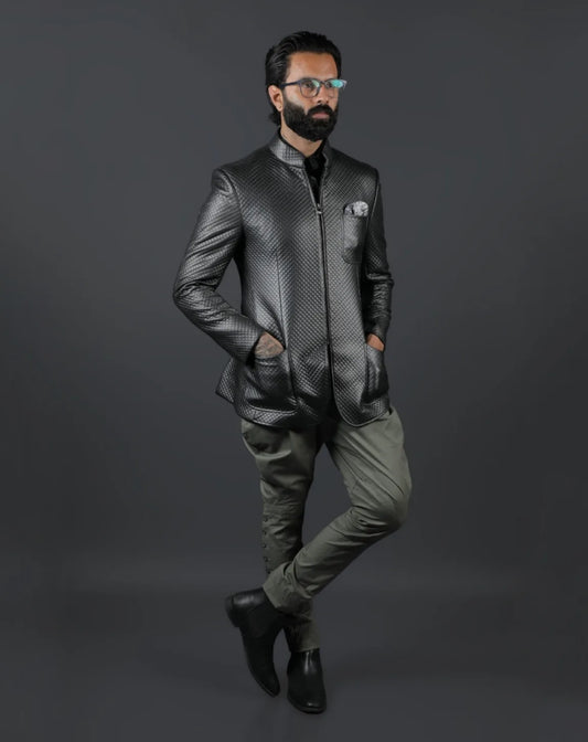 Quilted Grey Leather Nehru Jacket