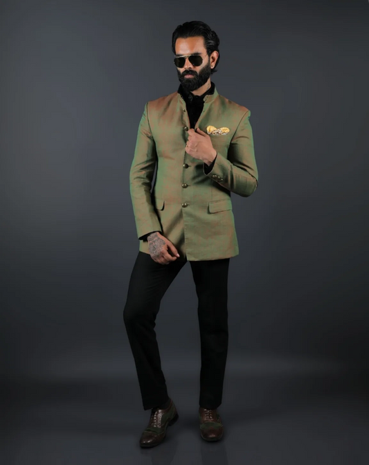 Model wearing an elegant olive green Bandhgala suit.