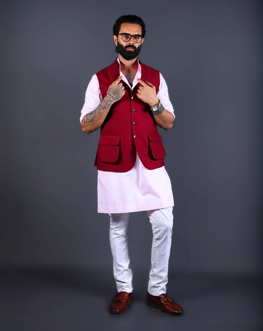 Men wearing a Dark Red quilted cotton Nehru Jacket with a mandarin collar