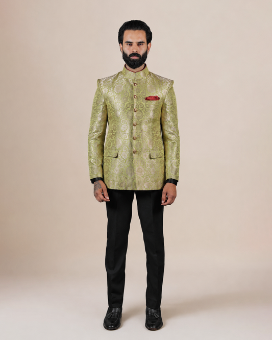 Lime Green Brocade Bandhgala Set