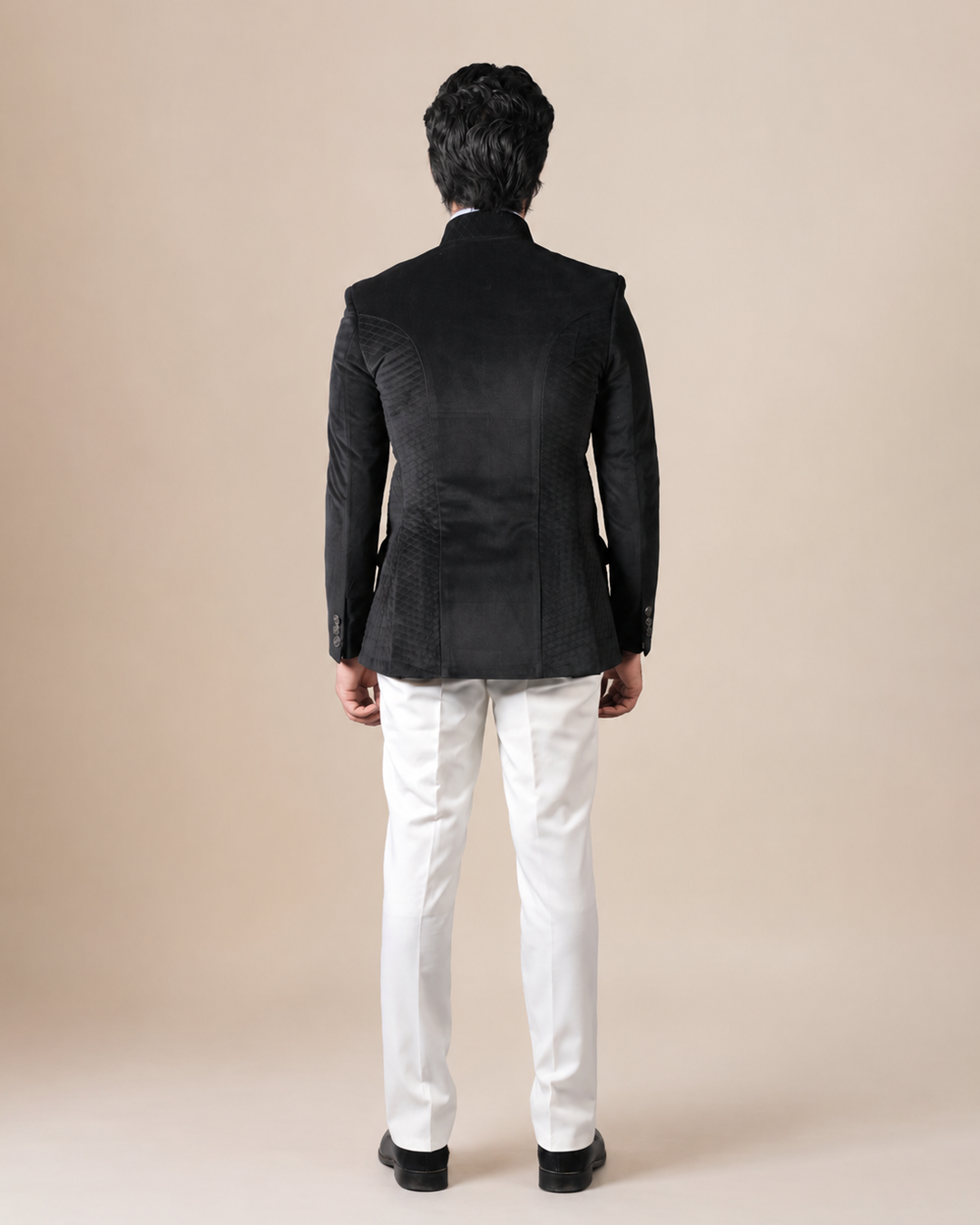 Black Suede Quilted Bandhgala Set