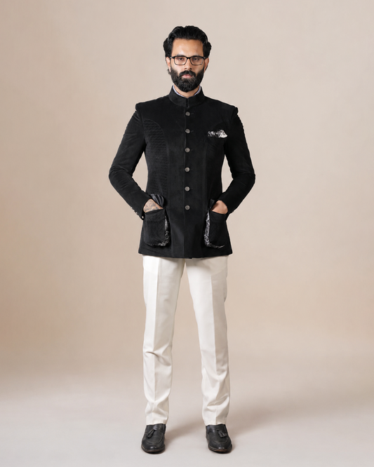 Black Suede Quilted Bandhgala Set