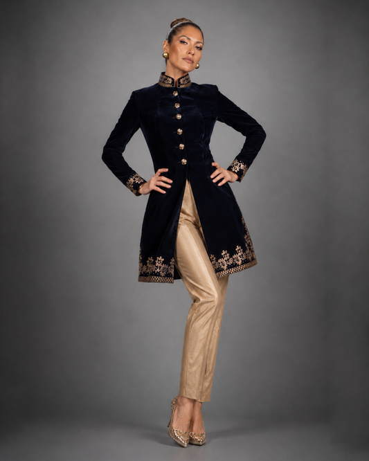 Navy Blue Velvet Embroidered Sherwani