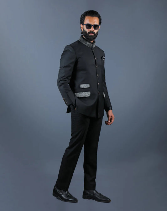 Black Bandhgala Suit with Fur